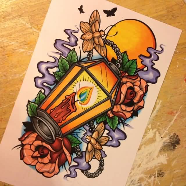 Neo Traditional Burning Candle Lamp Tattoo Design