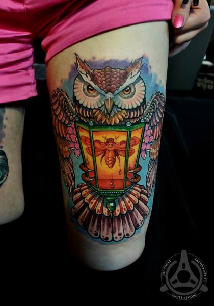 New School Owl Lamp Tattoo On Left Thigh