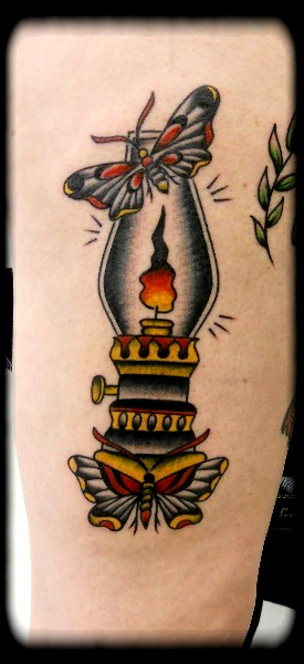 Nice Candle Lamp Tattoo On Arm Sleeve