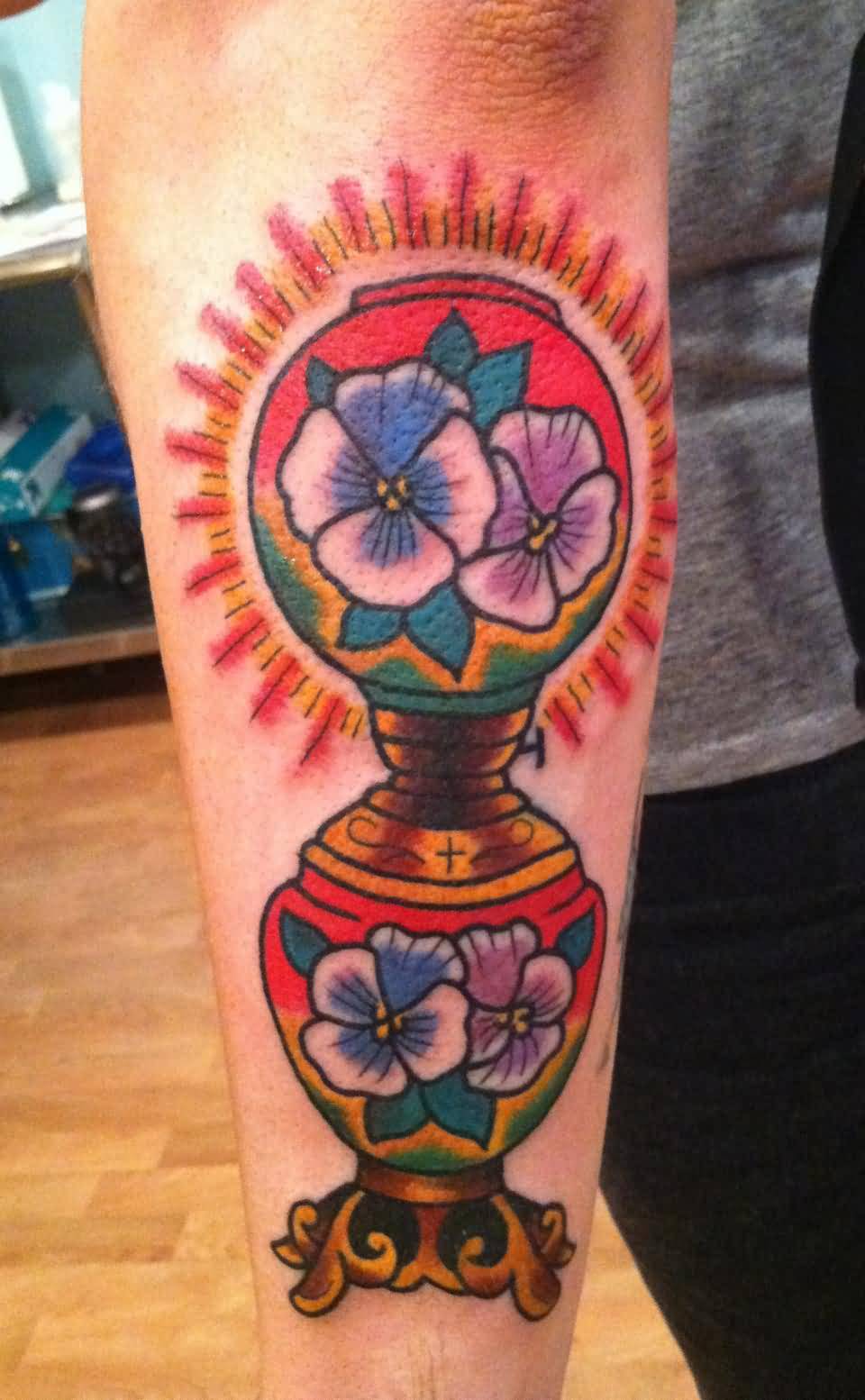 Nice Color Flowers And Lamp Tattoo On Arm Sleeve