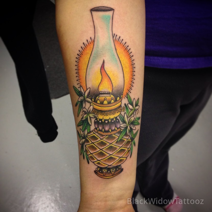 Nice Color Oil Lamp Tattoo On Right Forearm