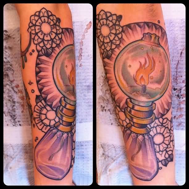 Nice Oil Lamp Tattoo On Arm Sleeve