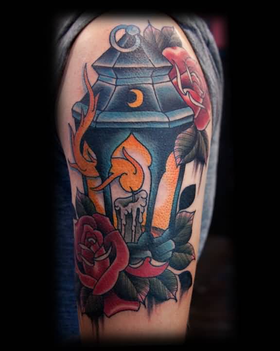 Nice Red Rose And Candle Lamp Tattoo On Half Sleeve