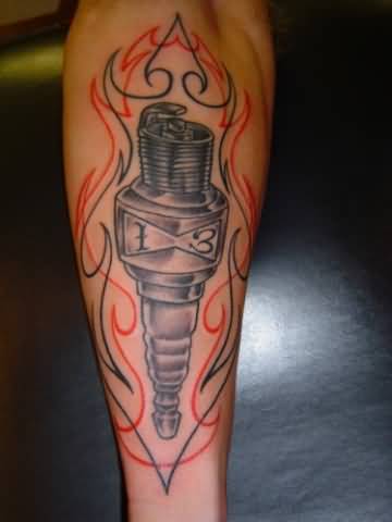 Nice Spark Plug Tattoo On Arm