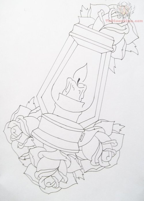 Outline Rose And Candle Lamp Tattoo Design