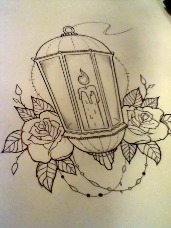 Outline Rose And Lamp Tattoo Design