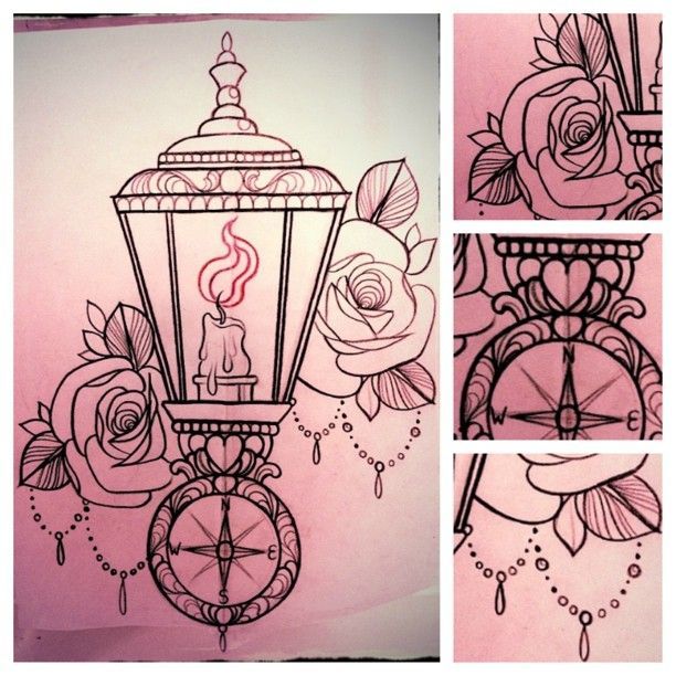Outline Rose, Nautical Compass And Lamp Tattoo Design