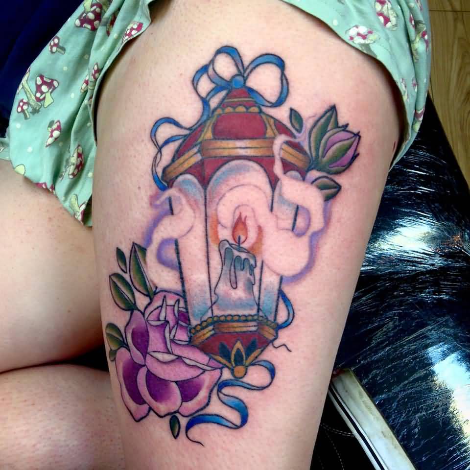 Purple Rose And Candle Lamp Tattoo On Thigh