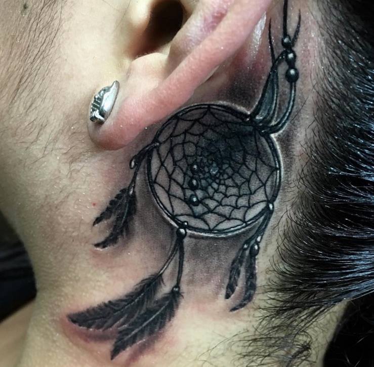 Realistic Dreamcatcher Tattoo Behind The Ear