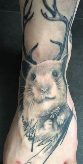 Realistic Grey Ink Hamster Tattoo On Left Foot