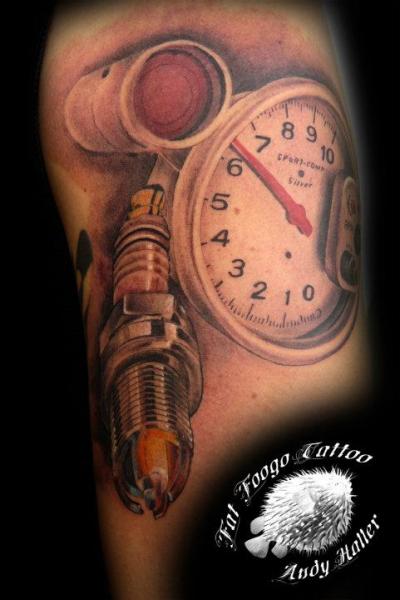 Realistic Meter And Spark Plug Tattoo