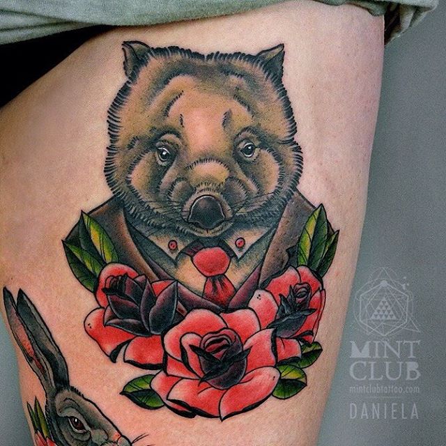 Red Flowers And Gentle Hamster Tattoo Idea