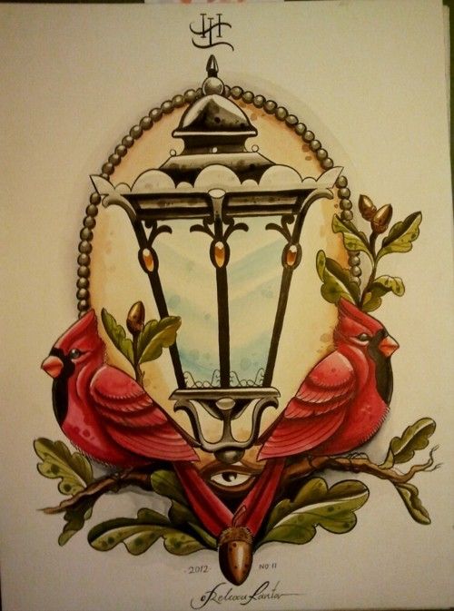 Red Ink Love Birds And Lamp Tattoo Design