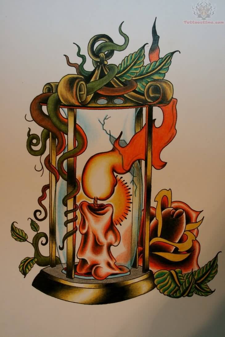 Red Rose And Burning Candle Lamp Tattoo Design