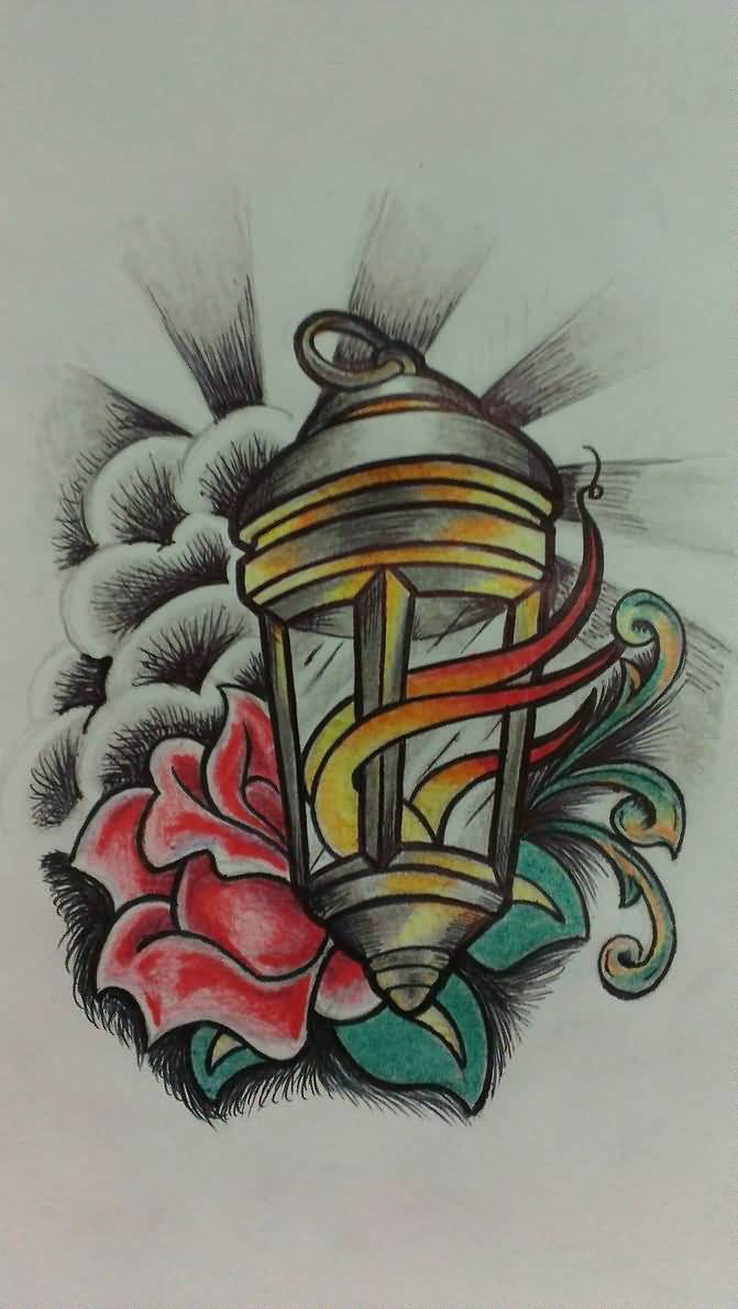 Red Rose And Flaming Lamp Tattoo Design
