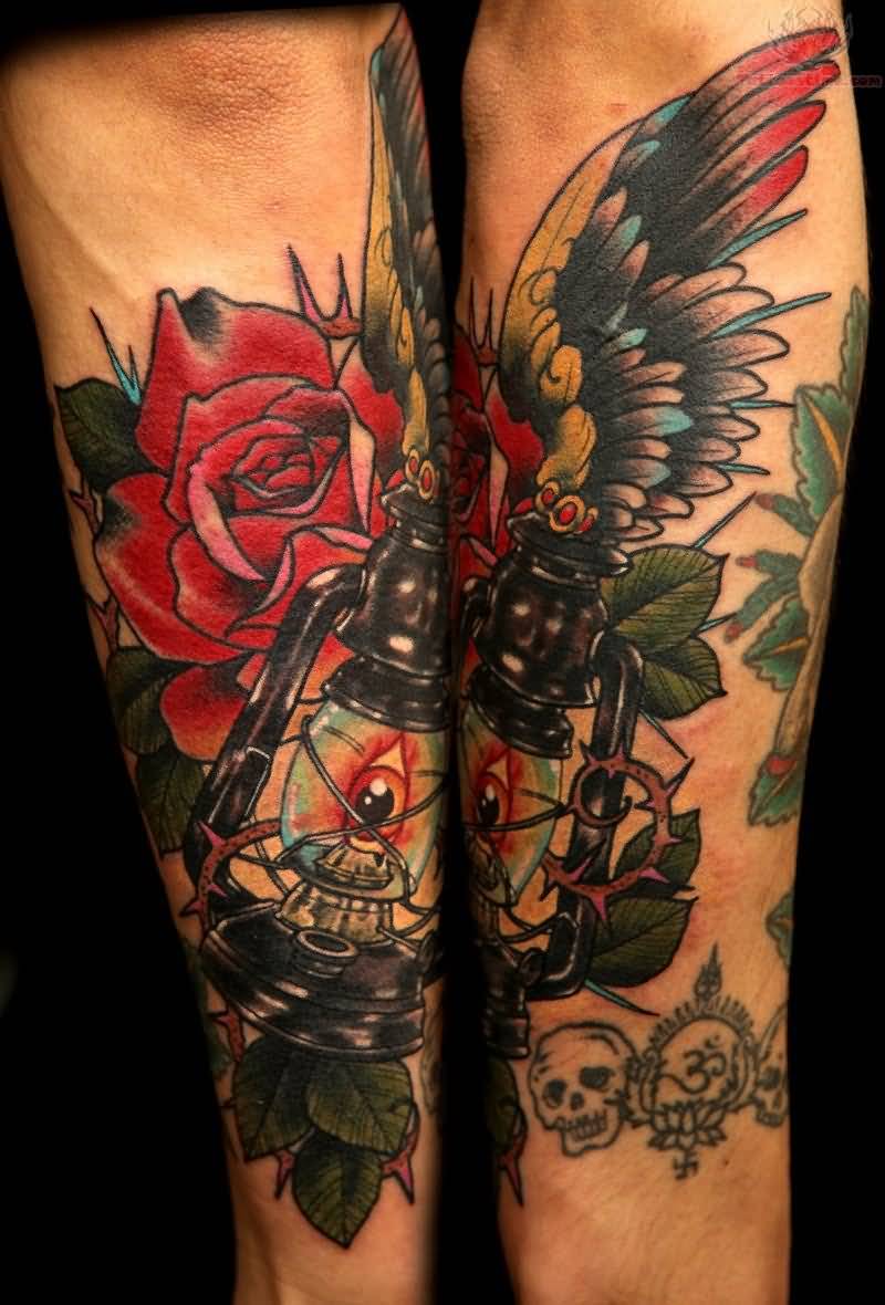Red Rose And Lamp Tattoo On Arm For Men