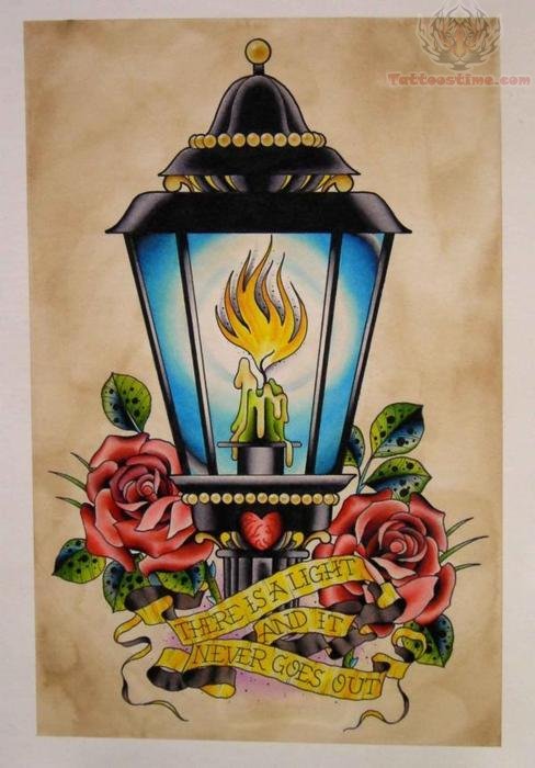 Red Rose Flowers And Burning Candle Lamp Tattoo Design