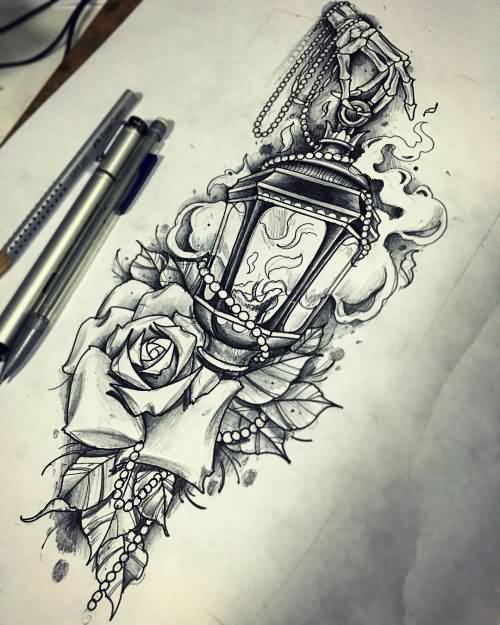 Rose Flowers And Lamp Tattoo Design Idea
