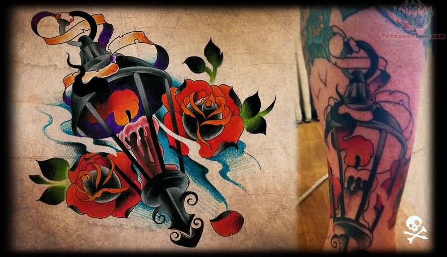 Rose Flowers And Lamp Tattoo