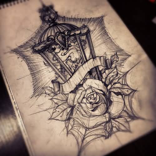 Rose With Banner And Lamp Tattoo Design