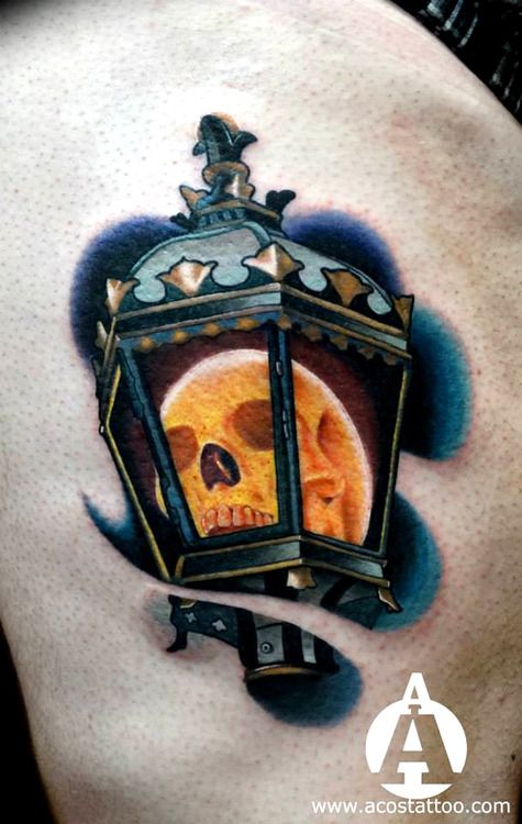 Skull Lamp Tattoo On Side Rib