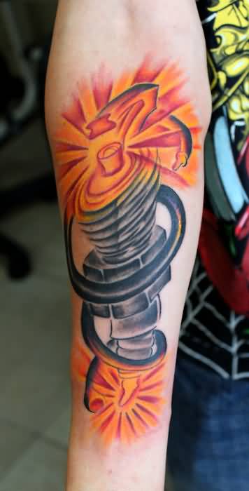 Spark Plug Tattoo On Right Arm