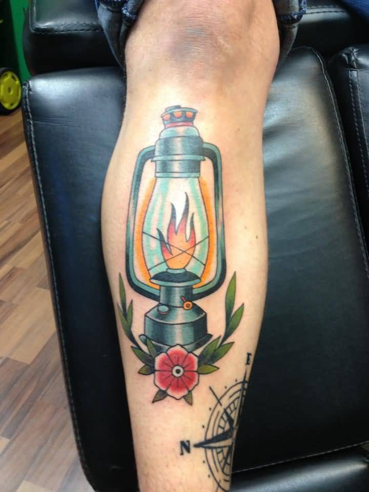 Traditional Flower and Oil Lamp Tattoo On Leg