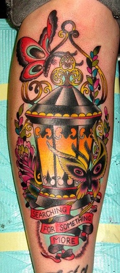 Traditional Lamp Tattoo On Leg Sleeve