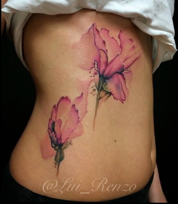 Watercolor Flower Tattoo On Side Rib by Luirenzo Tattoos