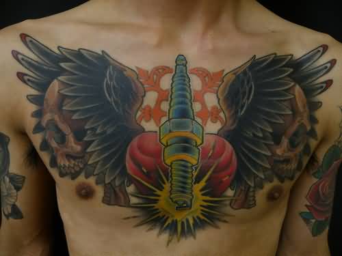 Winged Heart With Spark Plug Tattoo On Man Chest