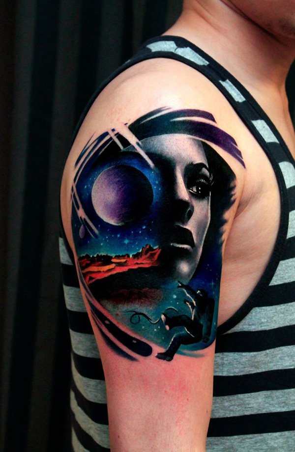 3D Space Tattoo On Shoulder