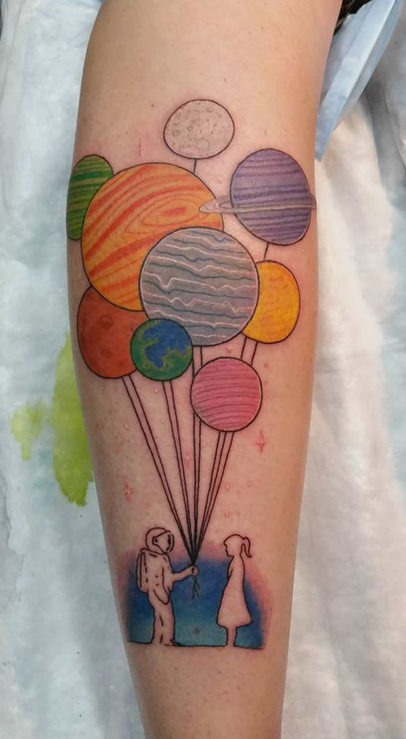 Astronaut Giving Planet Balloons To Girl Tattoo On Arm