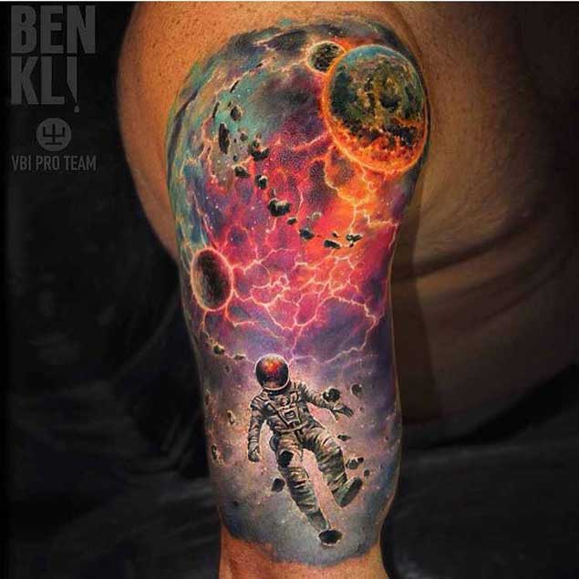Awesome Colored Space Tattoos On Right Half Sleeve