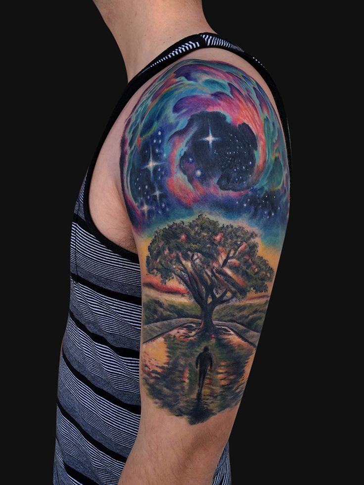 Beautiful Space Tattoo On Left Half Sleeve