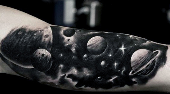 Black And Grey Astronaut Tattoo On Half Sleeve