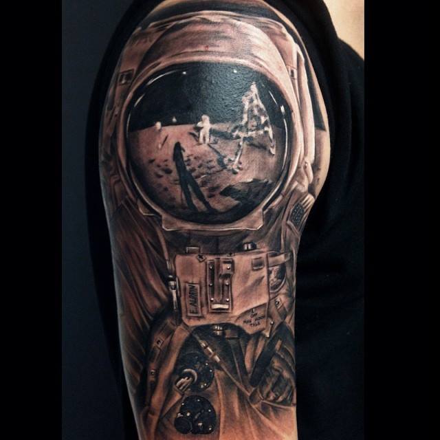 Black And Grey Astronaut Tattoo On Right Half Sleeve
