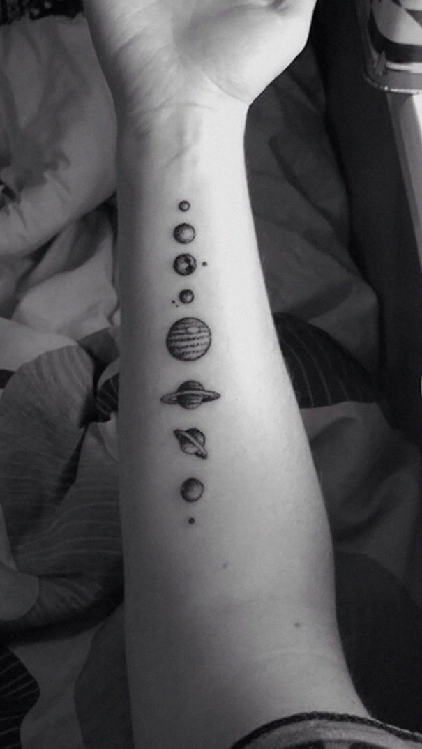 Black And Grey Space Planets Tattoo On Forearm