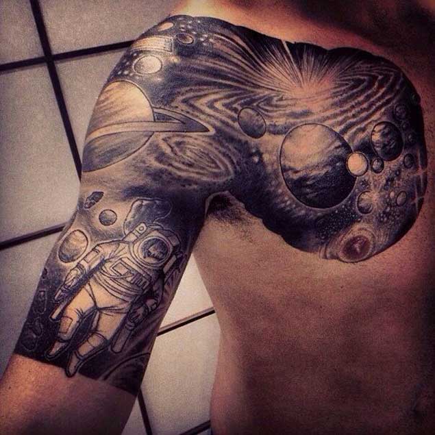 Black And Grey Space Tattoo On Half Sleeve And Chest