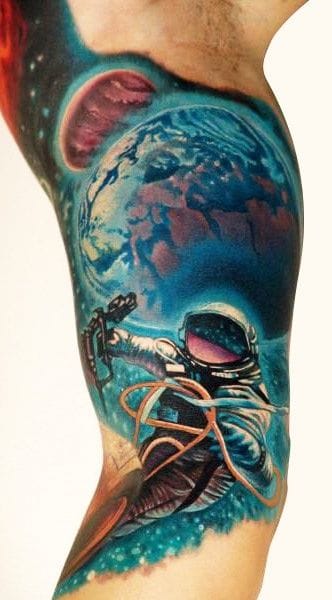 Blue Ink Astronaut Tattoo On Full Sleeve