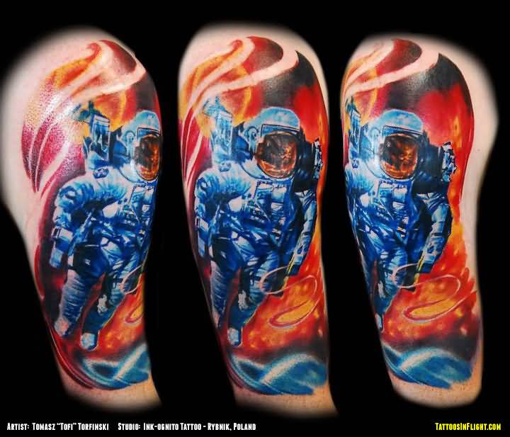 Blue Ink Space Tattoo On Half Sleeve