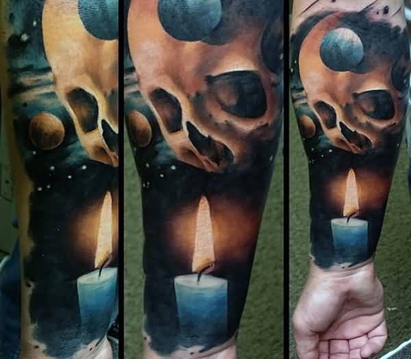 Burning Candle And Skull In Space Tattoo On Forearm