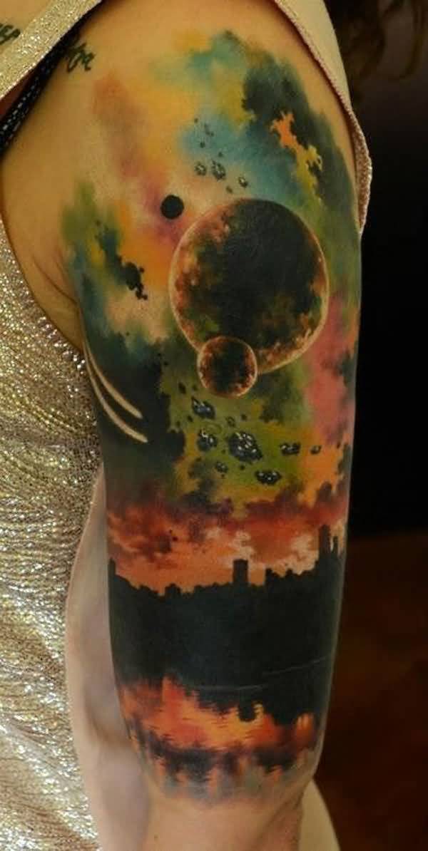 Color Ink Space Tattoo On Left Half Sleeve