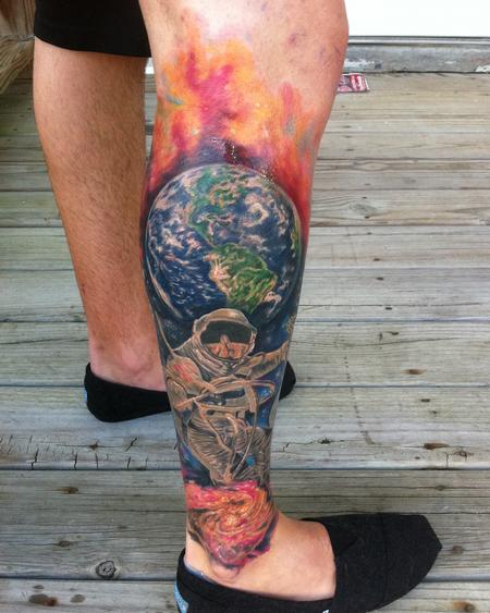 Colored Astronaut Tattoo On Girl Side Leg