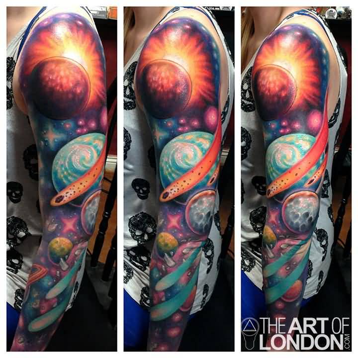 Colored Ink Space Tattoo On Man Left Sleeve