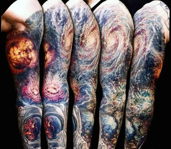 Colored Space Tattoo On Full Sleeve