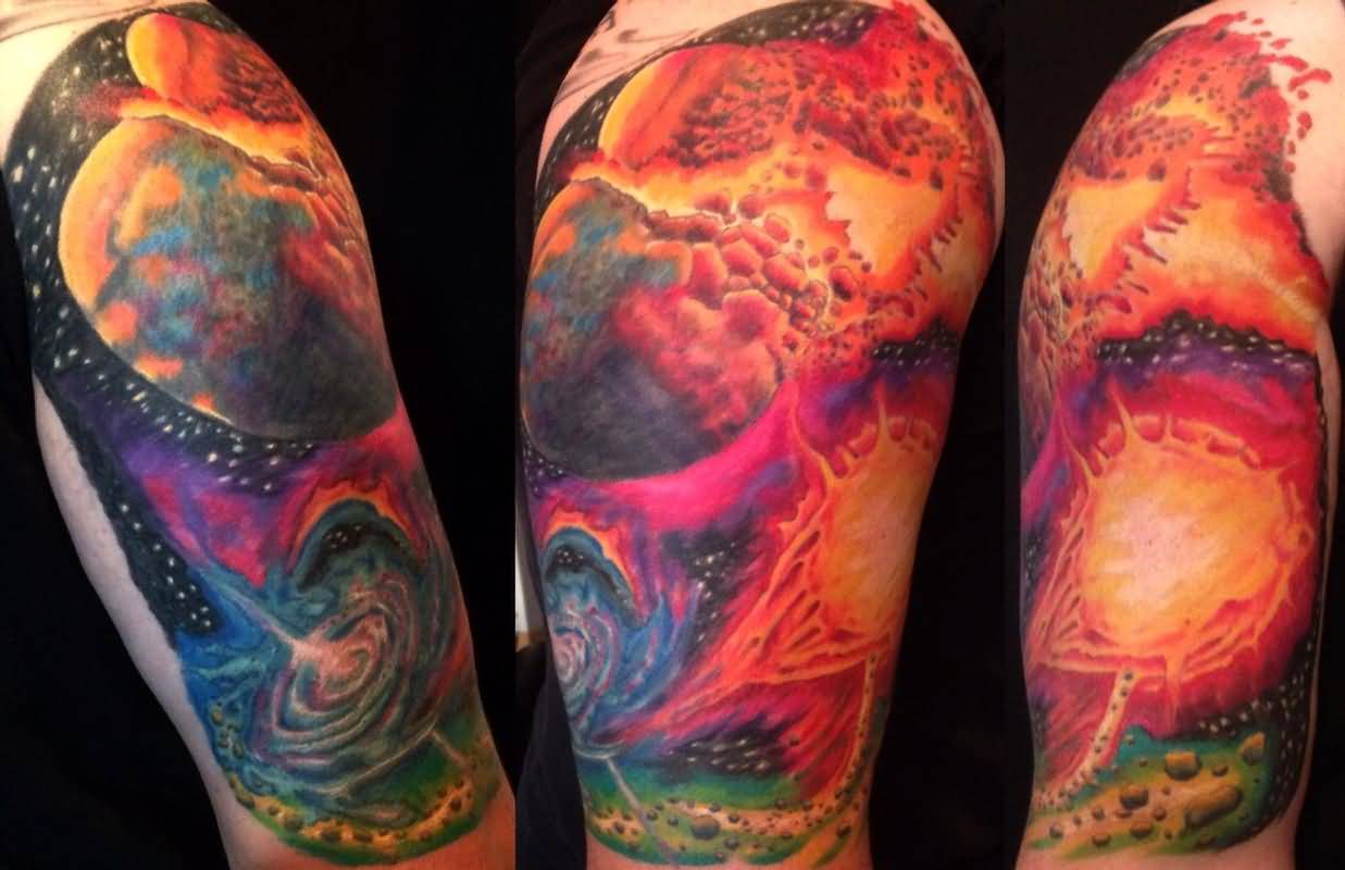 Colored Space Tattoo On Half Sleeve