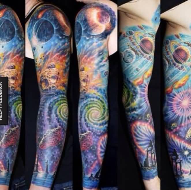 Colored Space Tattoo On Idea For Full Sleeve