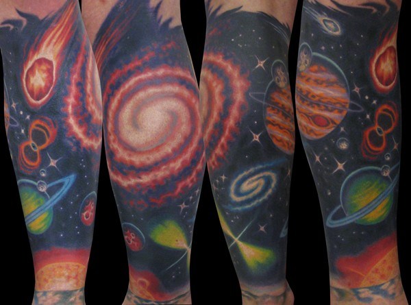 Colored Space Tattoo On Leg Sleeve