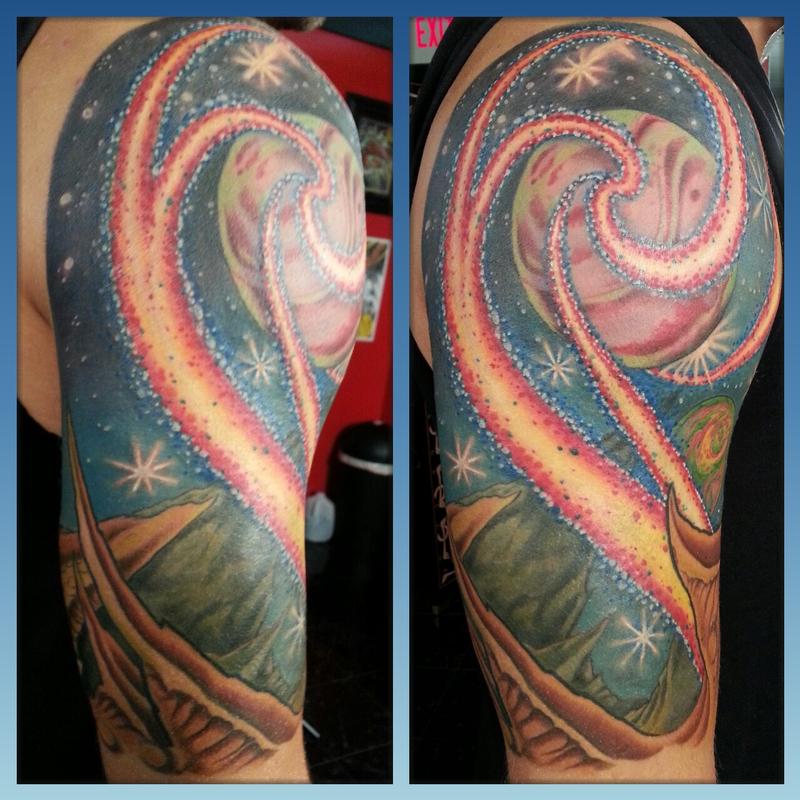 Colored Space Tattoo On Right Half Sleeve