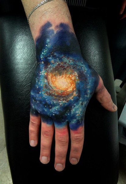 Colored Space Tattoo On Right Hand